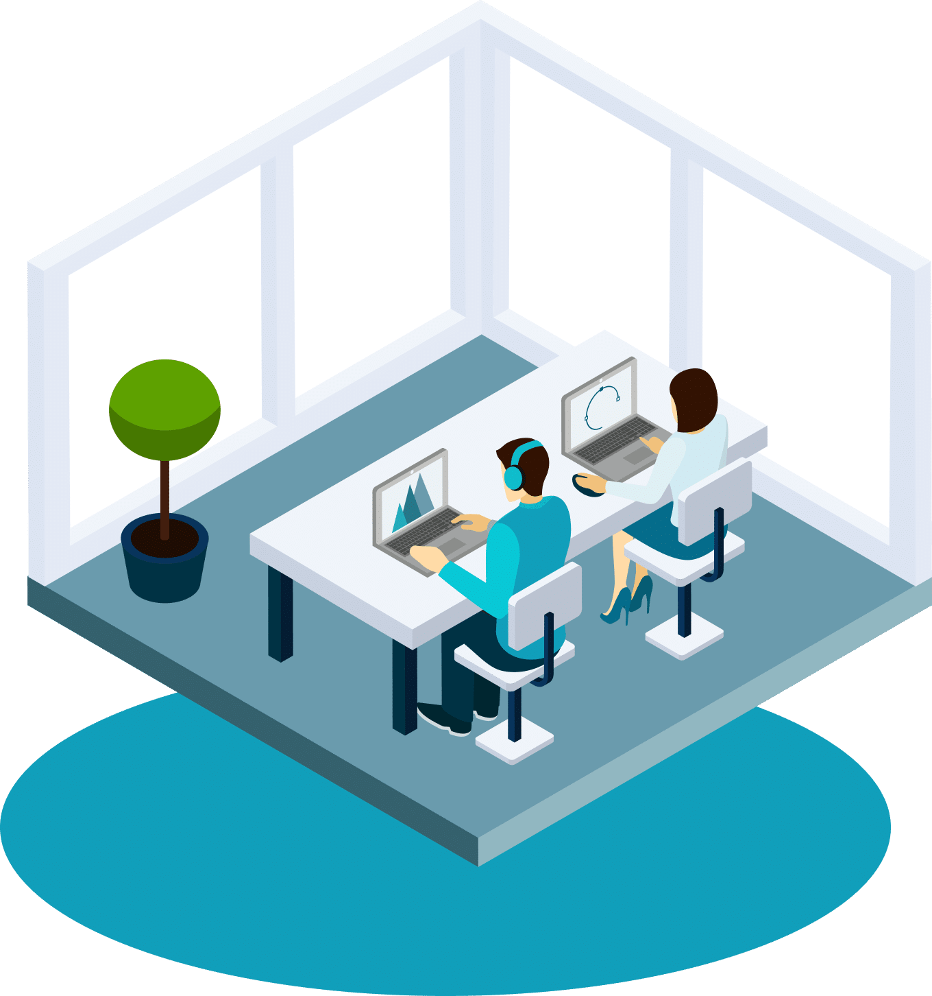 Isometric office, workers at laptops, modern workspace.